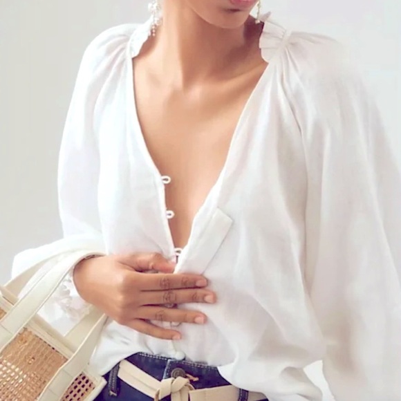 Maeve by Anthropologie Blouse The Audie Linen Puff-Sleeve White BohoChic Prairie - Picture 1 of 7